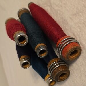 6 Vintage Wood Bobbins with Various Thread Colors